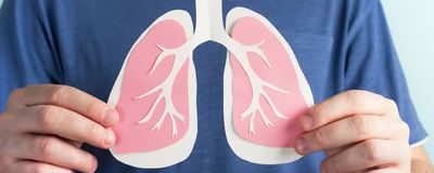 A man in a blue shirt holds a pinkish paper cut out of a pair of lungs.