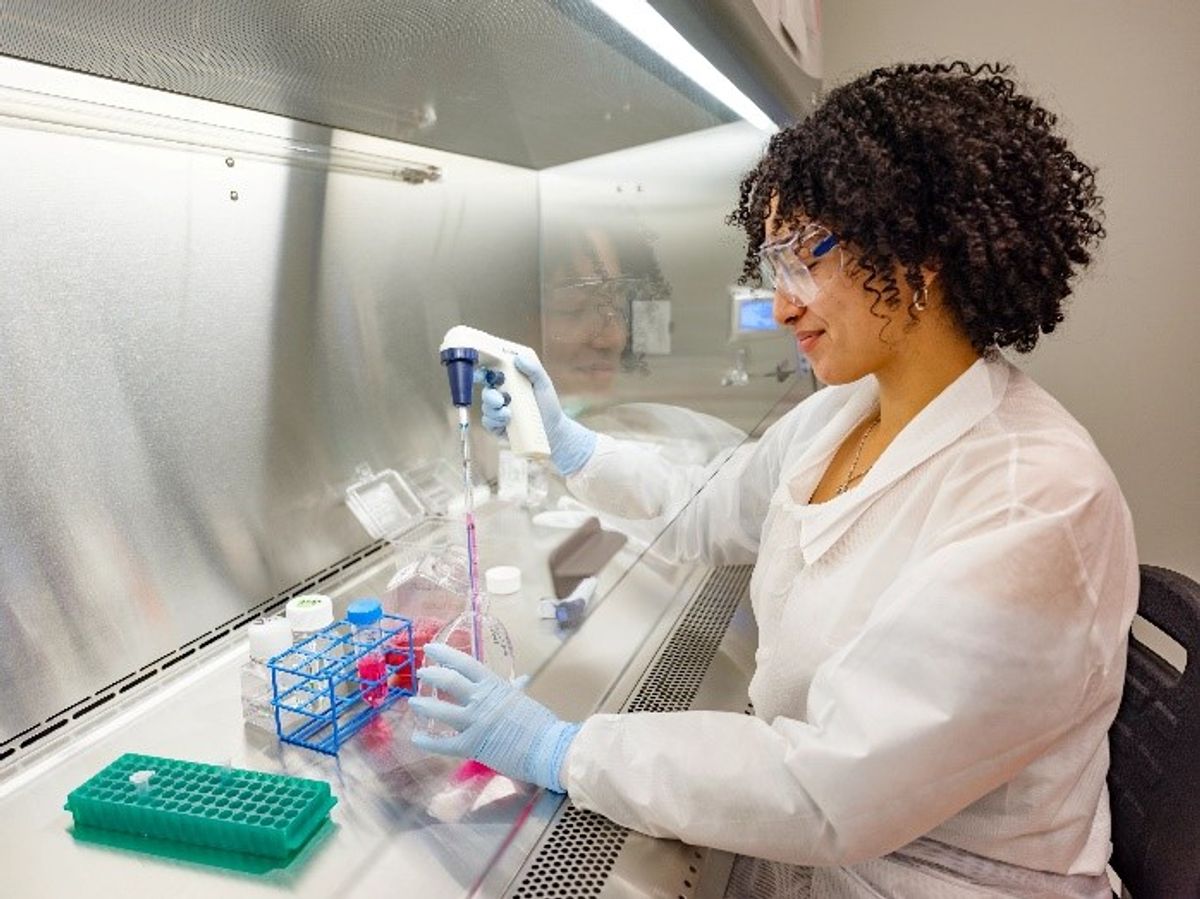 A photo of a female scientist working in a biosafety cabinet.