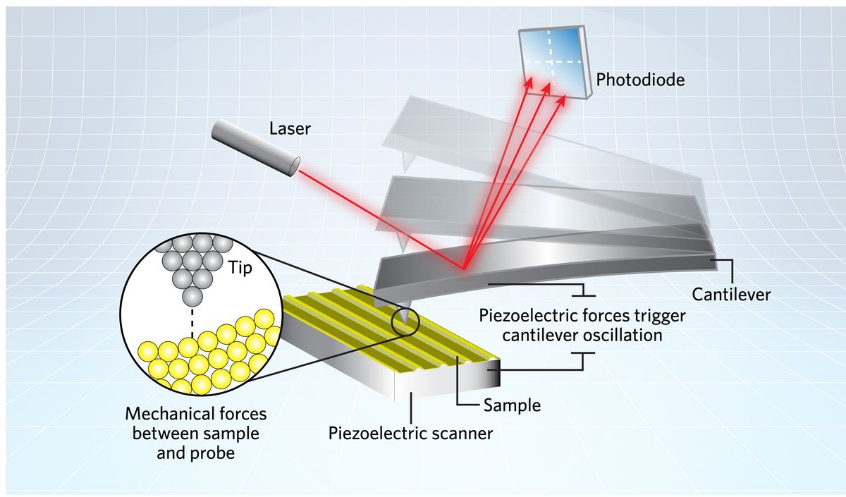 Schematic of an AFM cantilever moving along the surface of a sample, refracting light from a laser onto a photodiode.