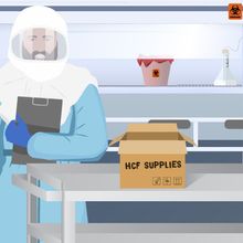 Illustration of a scientist at a high-containment laboratory. He is dressed in a Tyvek suit with a helmet respirator for being in the BSL-3 and is unpacking a box of lab supplies.