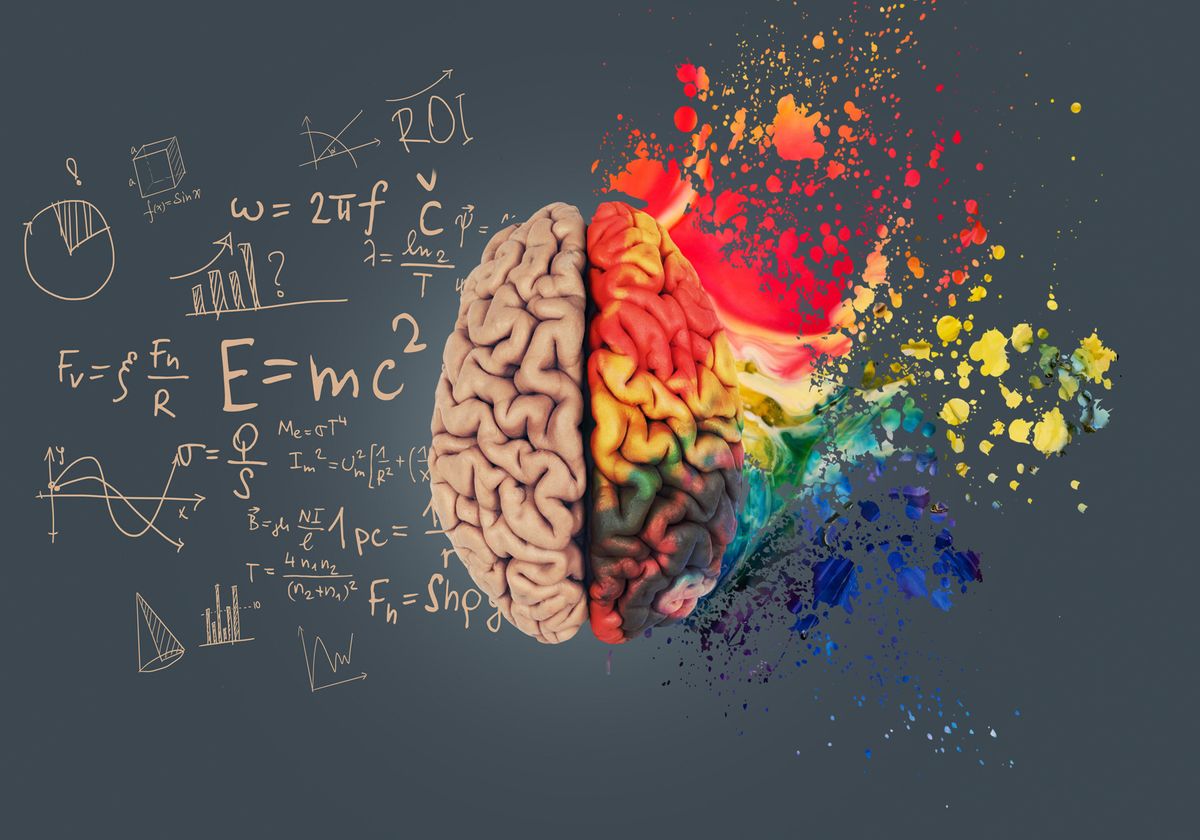 An image of a brain, with scientific elements on the left side and color splashing out on the right side.