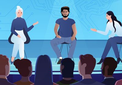 Illustration of four speakers on a panel facing an audience with a blue background behind them.