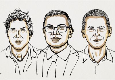 Black and gold sketch of David Baker, Demis Hassabis, and John Jumper.<strong >&nbsp;</strong>