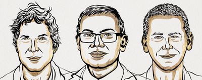 Black and gold sketch of David Baker, Demis Hassabis, and John Jumper.