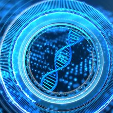 Blue DNA chain surrounded by ones and zeroes and in the middle of a series of blue circles.