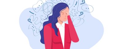 Vector illustration of a woman wearing a red blazer and white shirt, holding her head as she struggles with stress and anxiety.