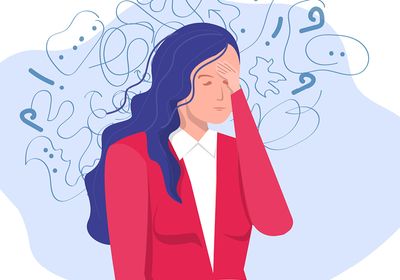 Vector illustration of a woman wearing a red blazer and white shirt, holding her head as she struggles with stress and anxiety.