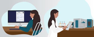 Nathalie Fuentes, a senior scientist at AstraZeneca, is shown completing two of her roles: on the left, she prepares regulatory paperwork for a new drug, while on the right, she documents information from stability testing a new drug.