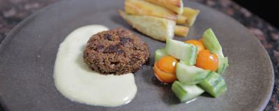 Photo of a brown soy pulp patty sitting in a cream sauce alongside a cucumber and tomato salad and baked yams.