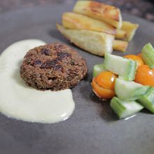 Photo of a brown soy pulp patty sitting in a cream sauce alongside a cucumber and tomato salad and baked yams.