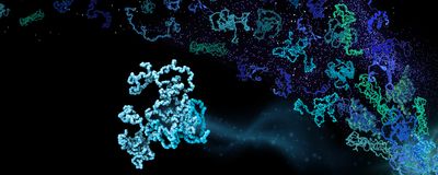 Multiple green and blue protein structures on a black background