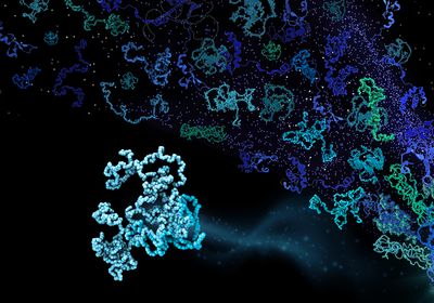 Multiple green and blue protein structures on a black background