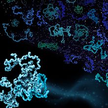 Multiple green and blue protein structures on a black background