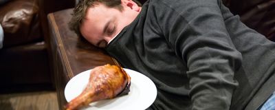 A photograph of a man sleeping on a couch next to a plate with a poultry leg on it.