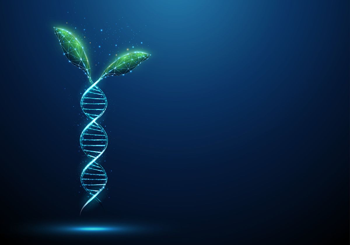 Green plant leafs growing from blue 3D DNA molecule helix. 