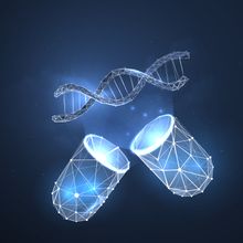 Futuristic low poly-style image of DNA coming out of a pill