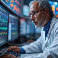 A scientist in a lab coat analyzes data on a monitor