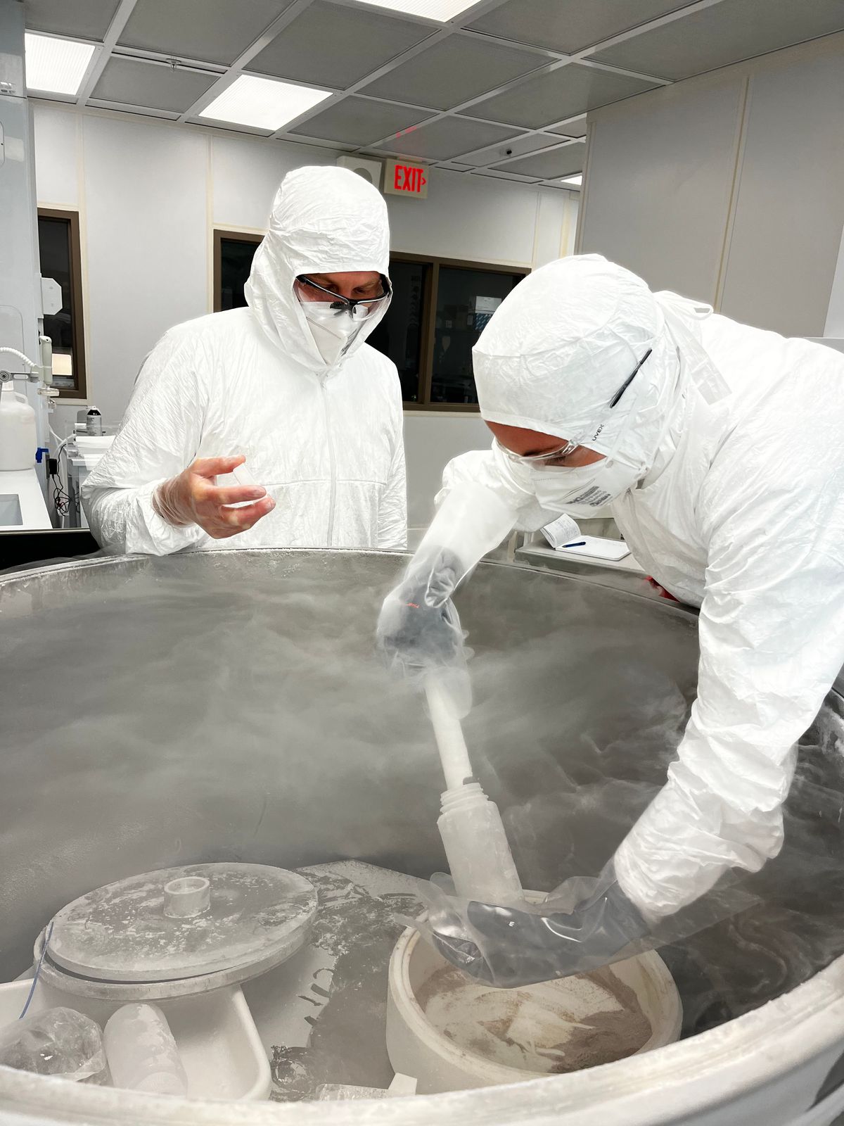 Two scientists donning white suits look at frozen stool samples in the lab.