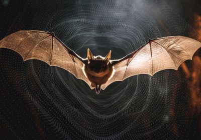 A bat flying in a dark cave