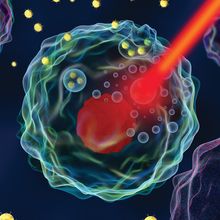 A cell with gold particles inside is hit with a red laser.