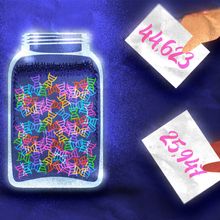 Colorful assortment of genes in a glass jar and hands entering the picture presenting different numerical guesses.