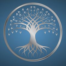 A silver tree showing roots and branches in a circle on a blue background.