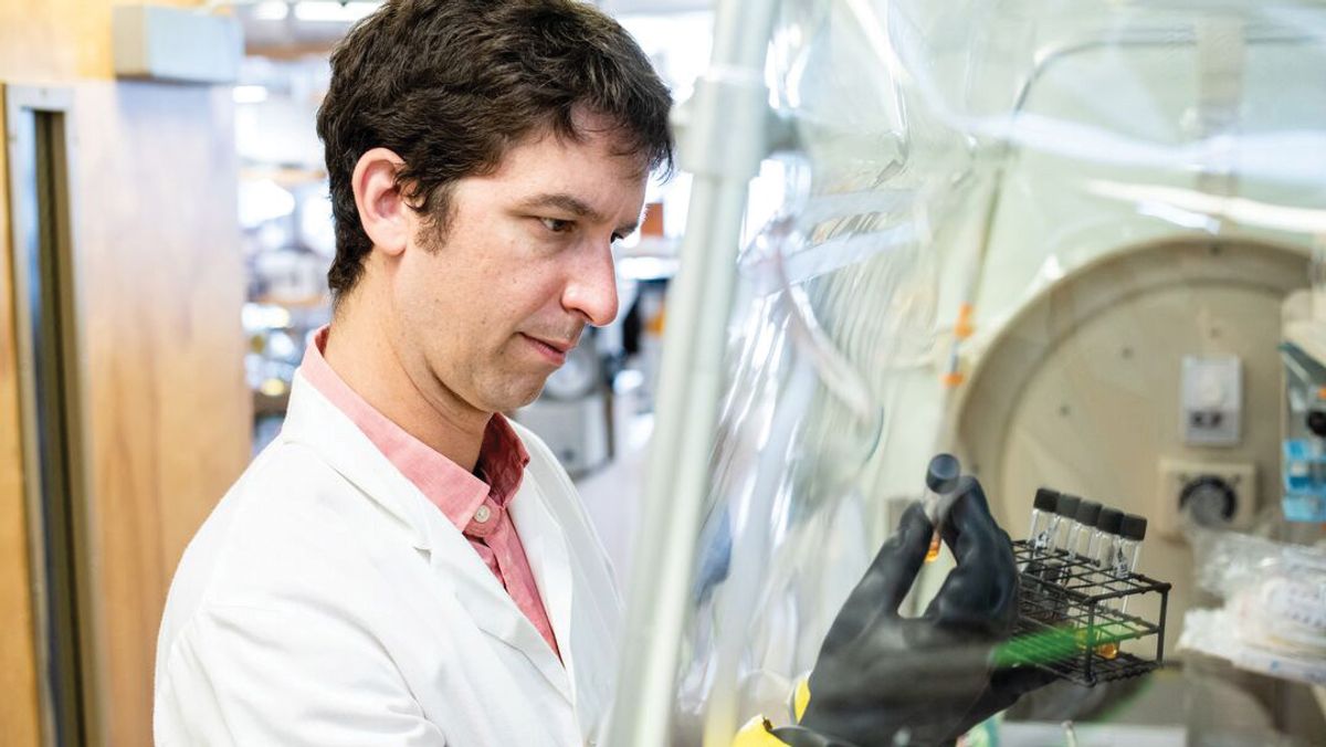 A man wears a laboratory coat. He handles some samples inside a safety laboratory hood.