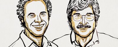 Black and gold sketch of Victor Ambros and Gary Ruvkun, the 2024 Nobel Prize laureates.