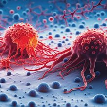 3D rendered image showing enhanced scanning electron micrograph of cancer cells.