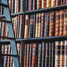 A bookshelf in a library filled with old books.