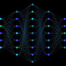 Neural network model with thin synapses and circle neurons connected in a full mesh. Vector illustration on black background. Applicable for web design, banners, presentations