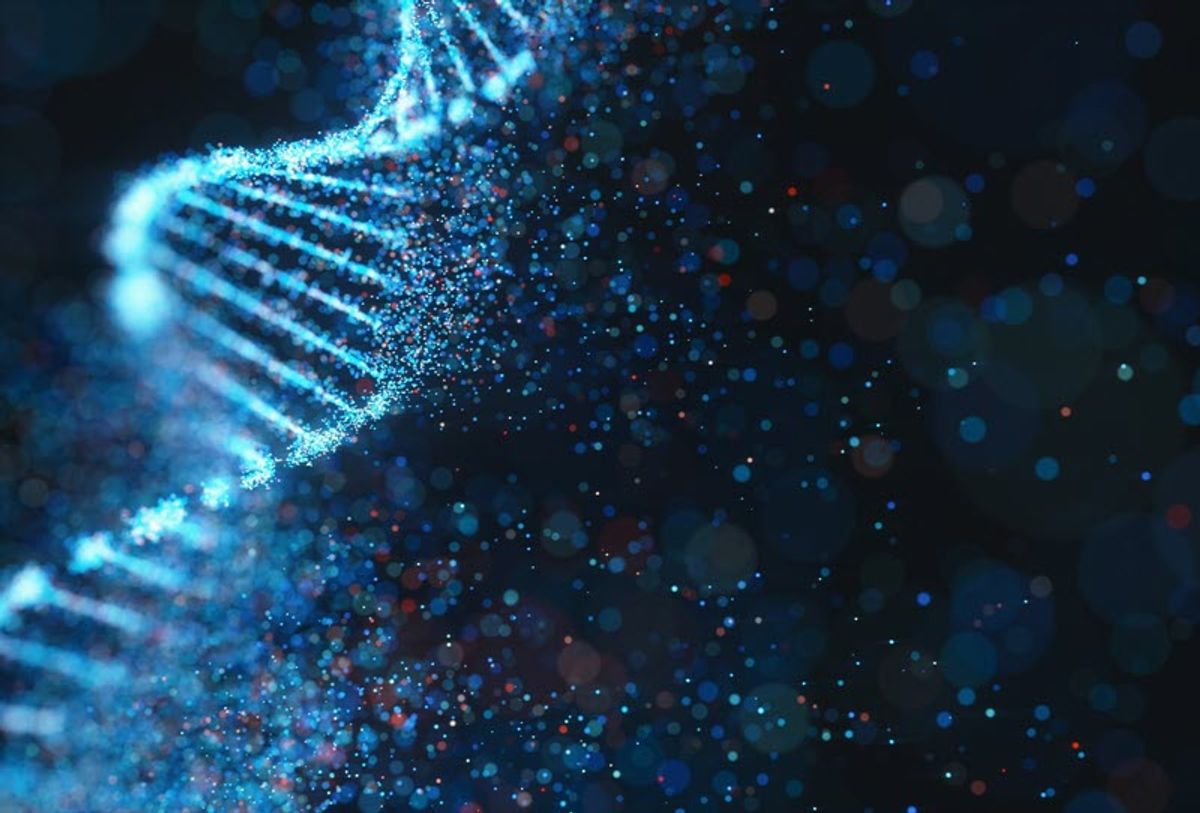 DNA strand on black background with blue dots, representing a synthetic genome.