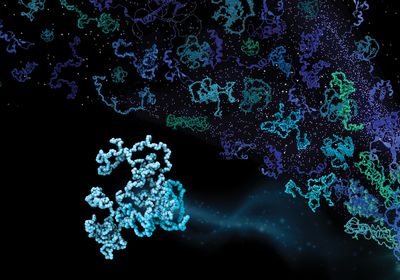 Collection of green and blue proteins with different conformations on a black background.