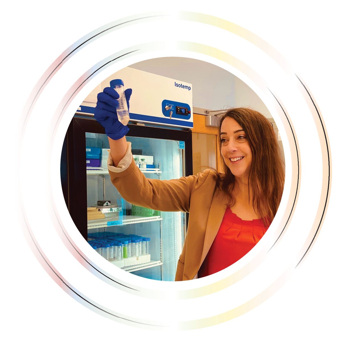 Image of a woman in a blazer holding a conical tube in the air.