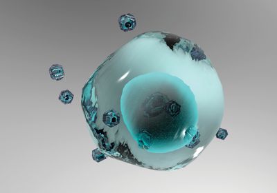 3D illustration of a cell with a teal nucleus.