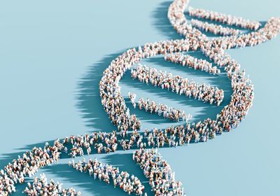 A DNA illustration composed of diverse human figures.