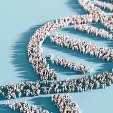 A DNA illustration composed of diverse human figures.