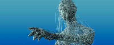 Conceptual 3D rendering of human body consisting of grey strings on blue background.