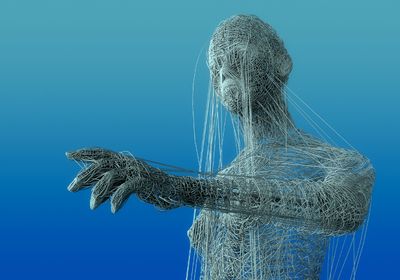 Conceptual 3D rendering of human body consisting of grey strings on blue background.