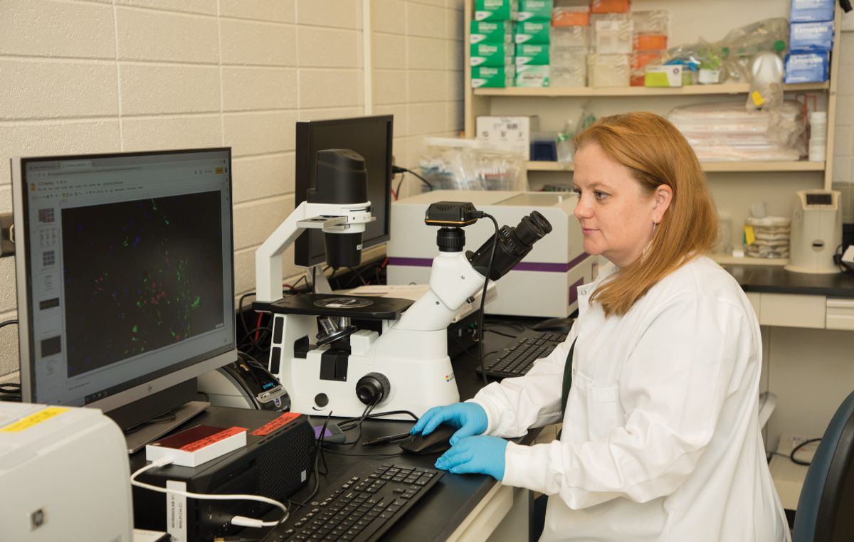 Julie Moreno wears blue gloves and a white coat while working at the microscope.