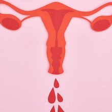 Top view of a red paper cutout of female reproductive internal organs with blood drops on pink background.