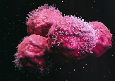 An illustration of malignant cancer cells in pink on a black background.