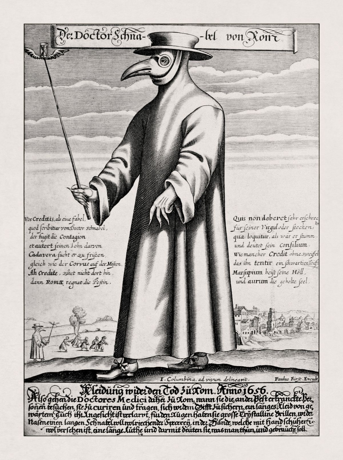 An illustration of a 17th-century plague doctor wearing a full overcoat and a bird beak mask.