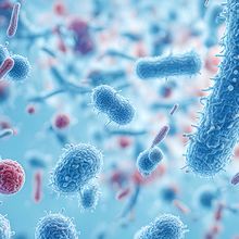 Graphic depicting the microbiota consisting of various blue and red bacterial cells