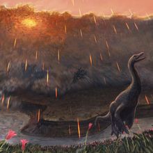 An artistic rendering of a dinosaur fleeing a wall of water