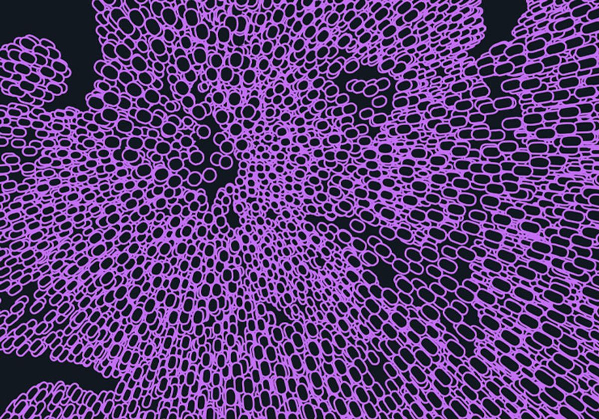 Abstract image depicting a section of tissue made up of purple cells, on a black background.