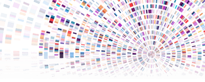 Conceptual image of DNA sequencing map with concentric multicolor squares on a white background.