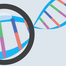 A magnifying glass examining a double-helix DNA strand.