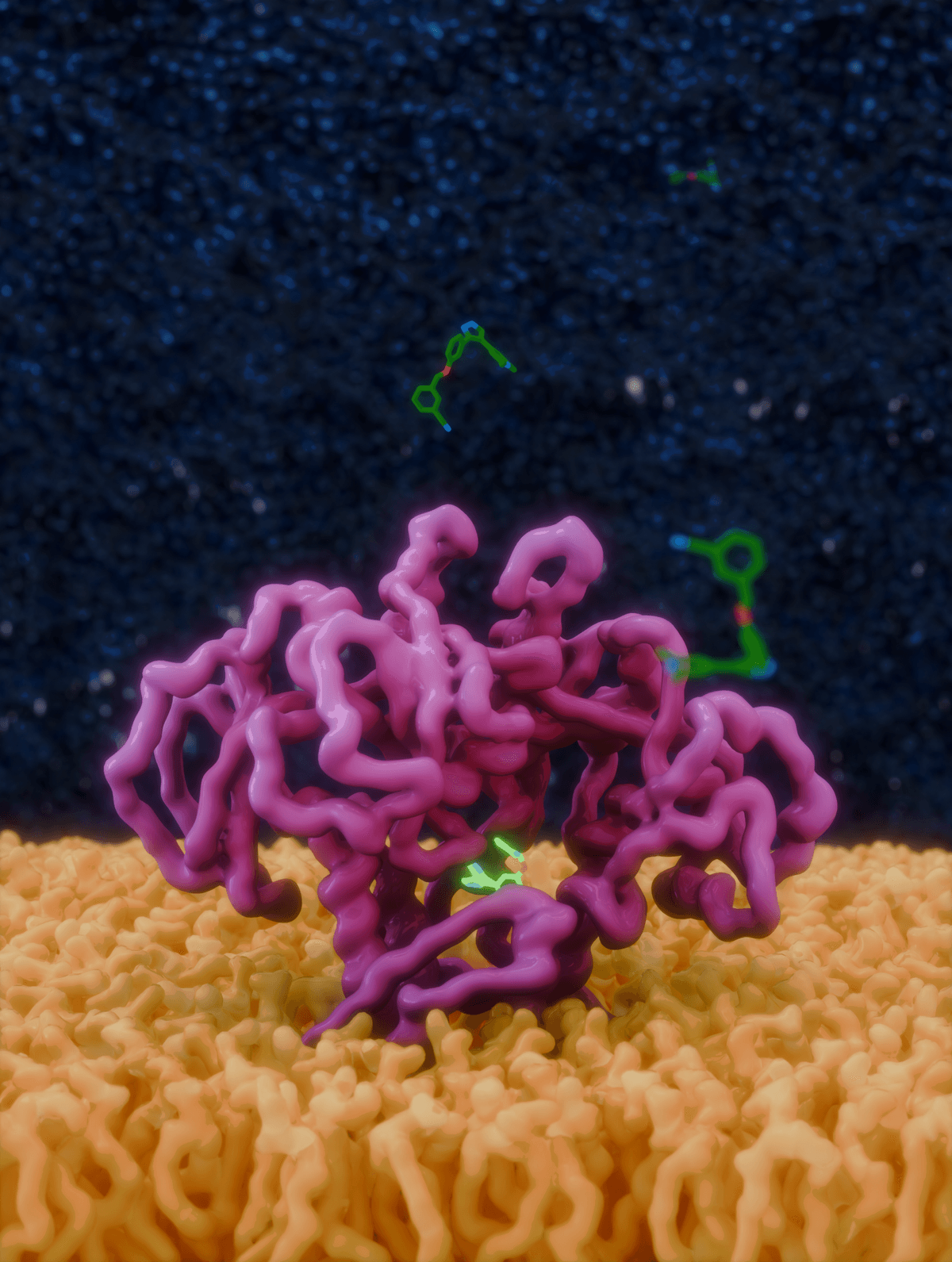 Fluorescent green molecules bind to a pink structure that sits on top of a yellow layer, with green molecules hovering nearby.