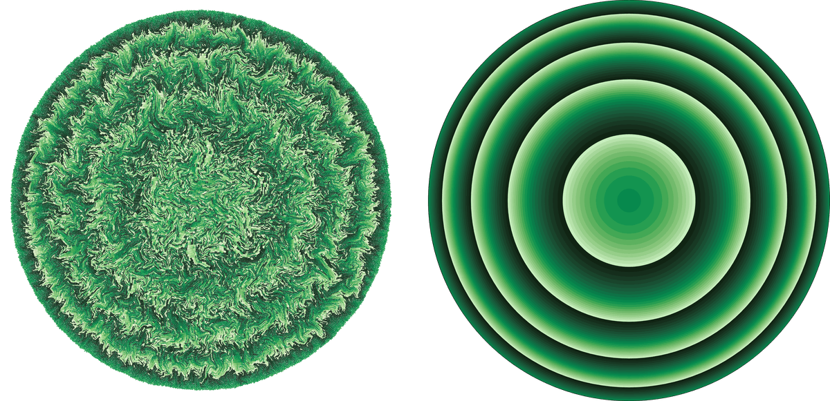 Image of a particle simulation on the left and continuum simulation of bacterial colony growth on the right under medium stress conditions.